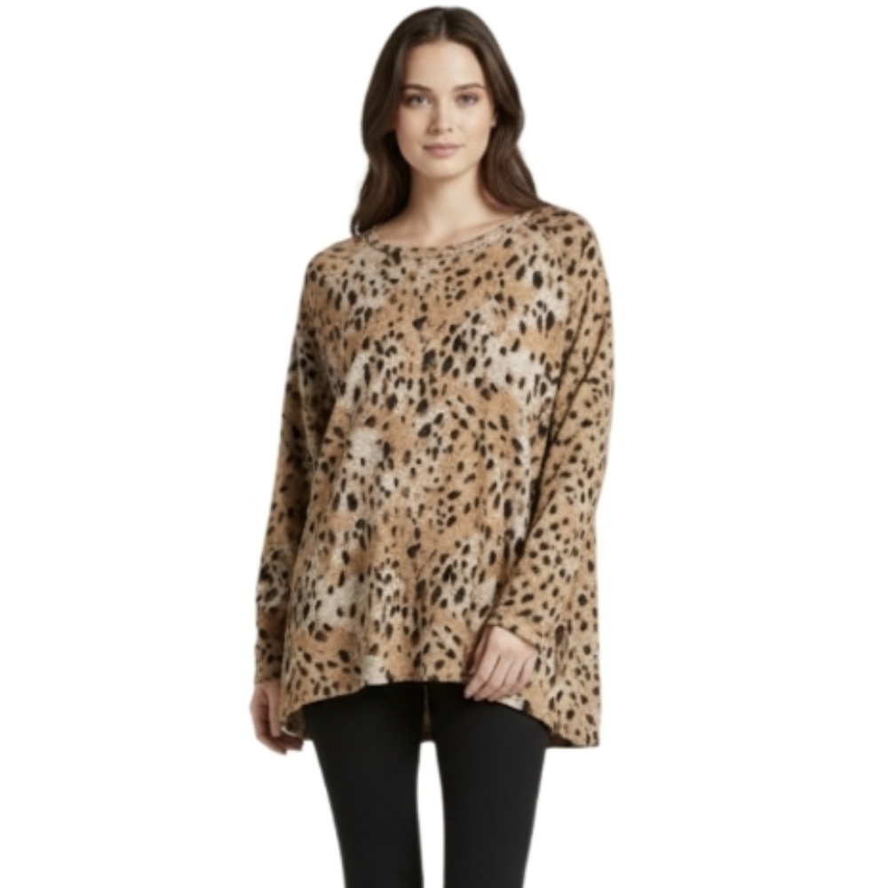 Leopard Print Sweater Women’s 1X Soft Knit Long Sleeve Asymmetrical Hem Fall Top